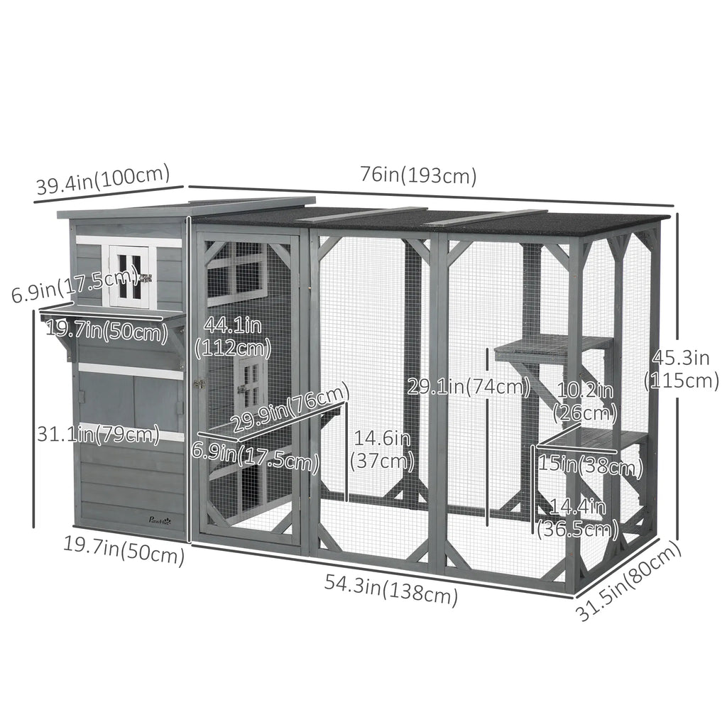 Wooden Cat Catio 76"L Walk in Outdoor Cat House with Asphalt Roof Platforms