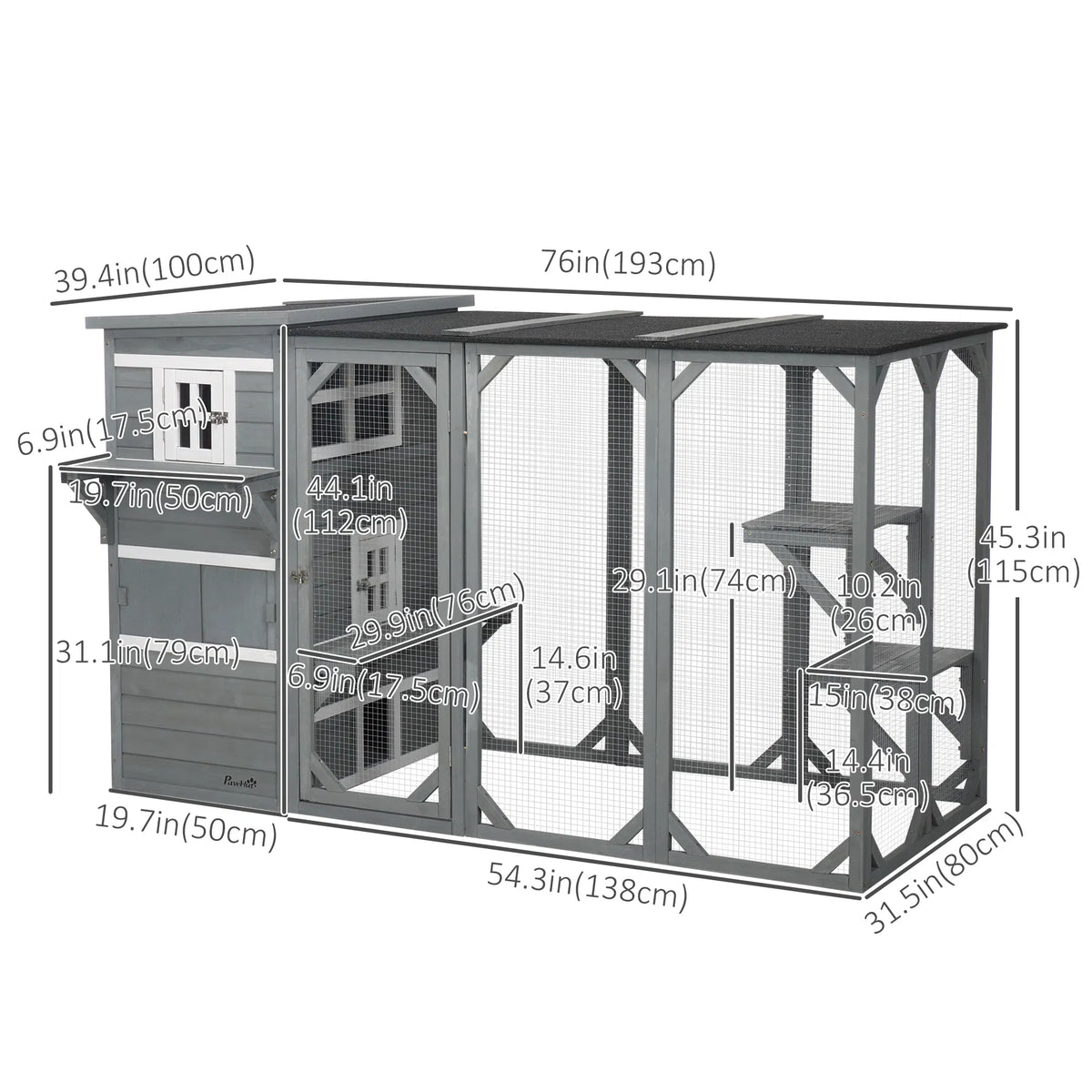 Wooden Cat Catio 76"L Walk in Outdoor Cat House with Asphalt Roof Platforms