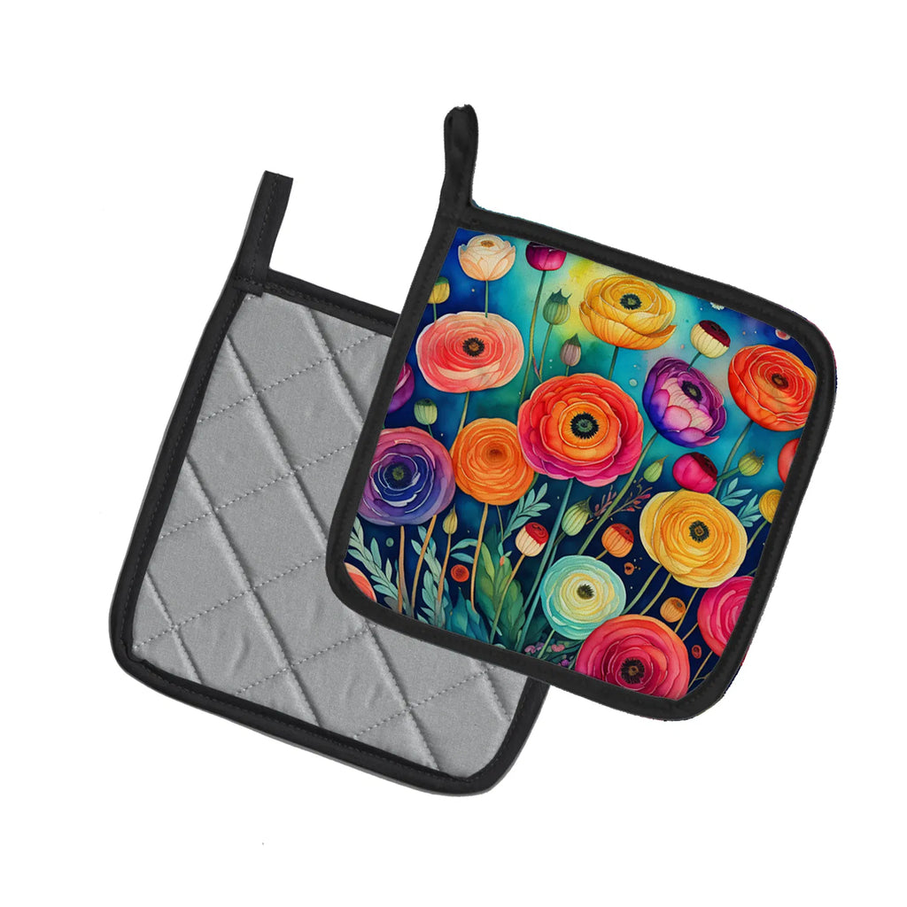 Colorful Ranunculus Pair of Pot Holders Kitchen Heat Resistant Pot Holders Sets - Image 2