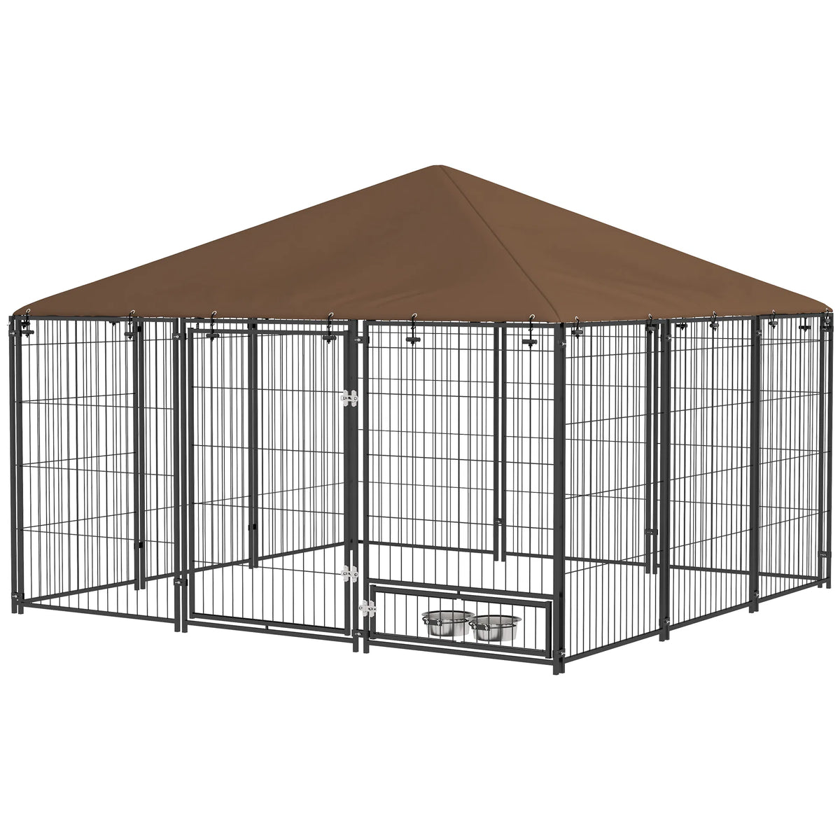 6.9' x 6.9' x 5' Outdoor Dog Kennel with Canopy Rotating Bowls Coffee - Image 4