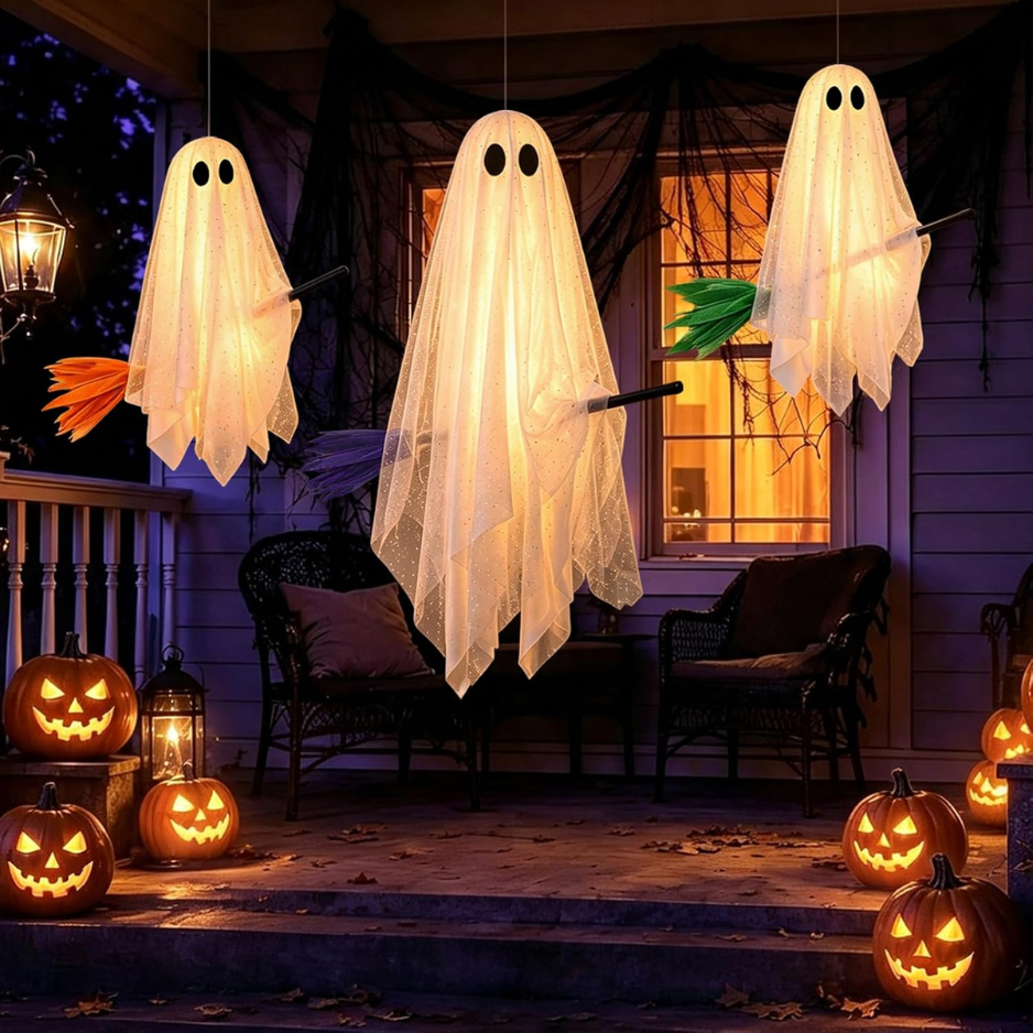 3 Pack Halloween Decorations Outdoor Hanging Decor Light Up Ghosts On Broom - Image 2