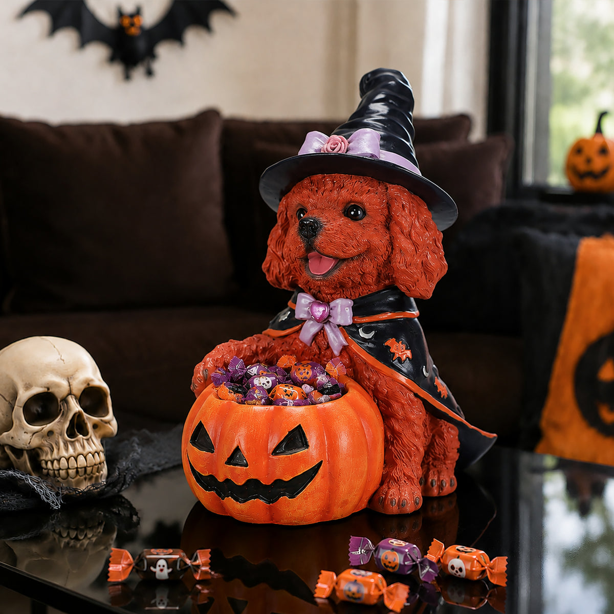 Halloween Brown Teddy Dog Witch Figurine Cute Puppy Holding Pumpkin Candy Bowl - Image 5