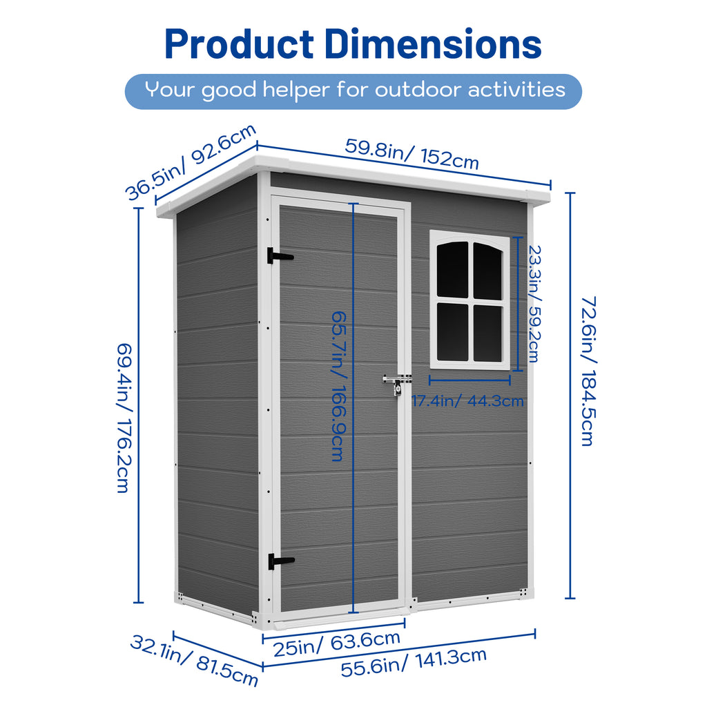 5x3ft resin outdoor storage shed with floor and window in gray - angle view