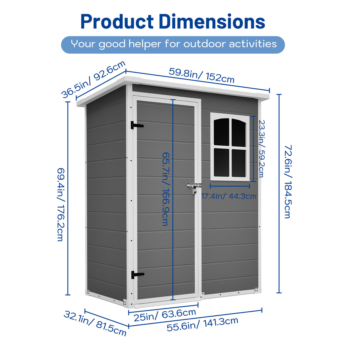 5x3ft resin outdoor storage shed with floor and window in gray - angle view