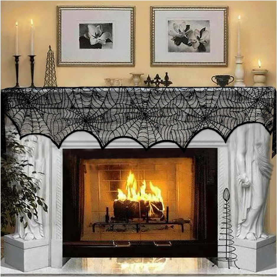 Black Lace Spiderweb Fireplace Mantle Scarf Cover 18 X 96 Spooky Halloween - Image 5