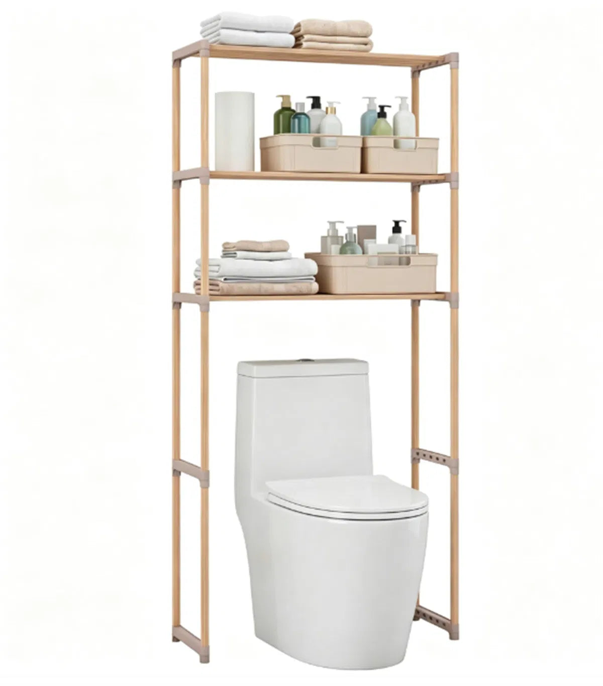Multi Tier Over Toilet Storage Shelf Solid Pine Wood Bathroom Space Saving - Angle and Detail View