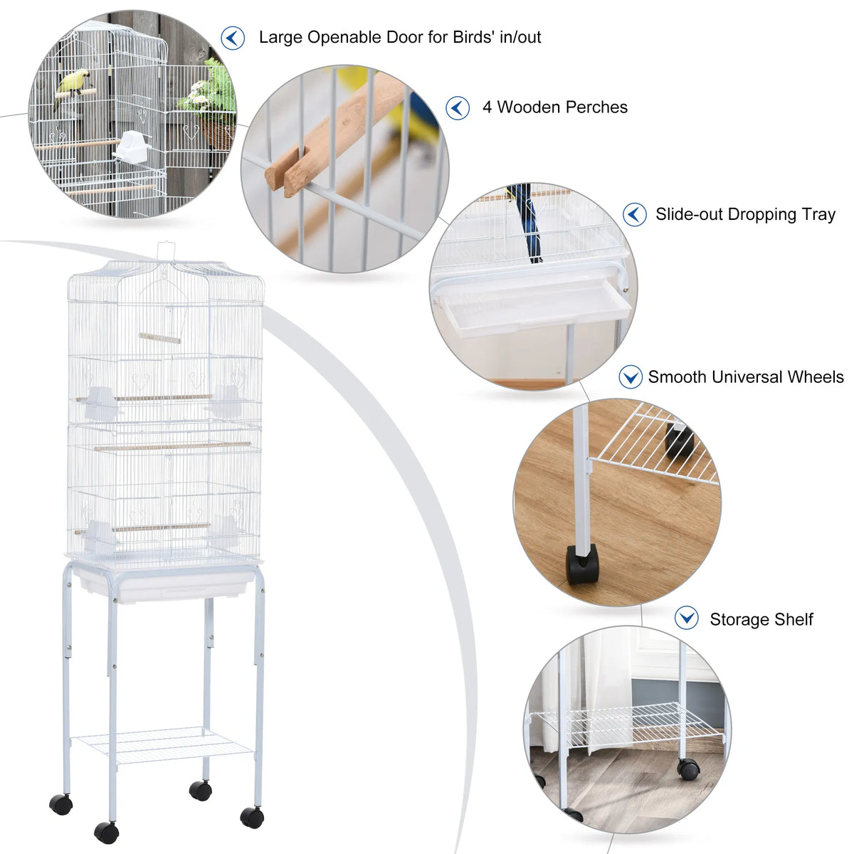 62" Rolling Bird Cage Cockatoo House Play Top Finch Pet Supply with Storage - Image 2