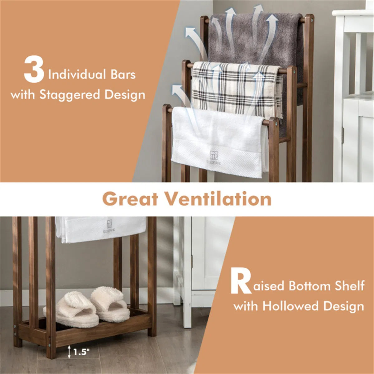 Vertical Towel Rack Brown - In-Use and Feature Display