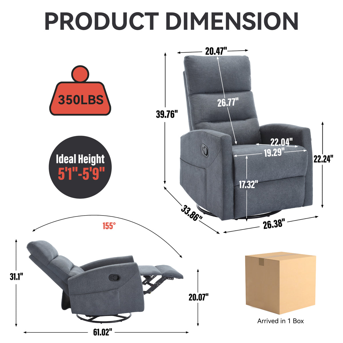 Manual Recliner Chair with Rocker and Swivel in Fabric for Living Room Grey - Image 5