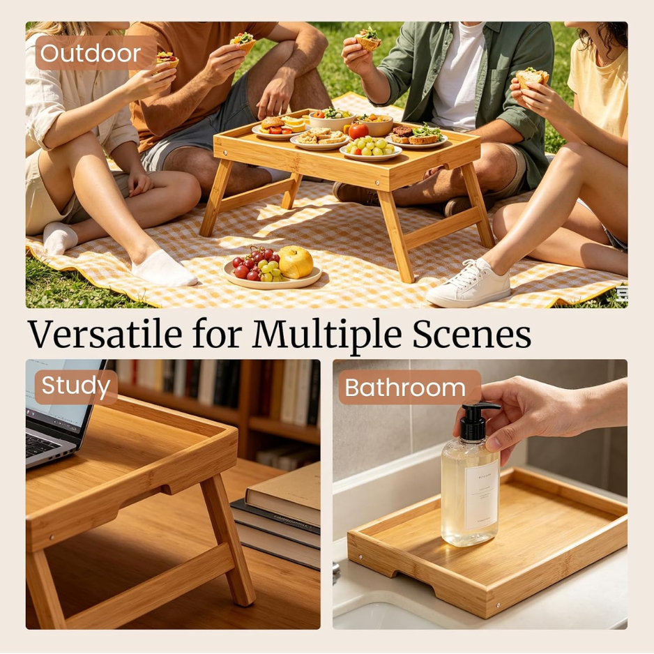 Fibogollo 2 Pack Bamboo Bed Tray Table With Folding Legs Breakfast - Image 5
