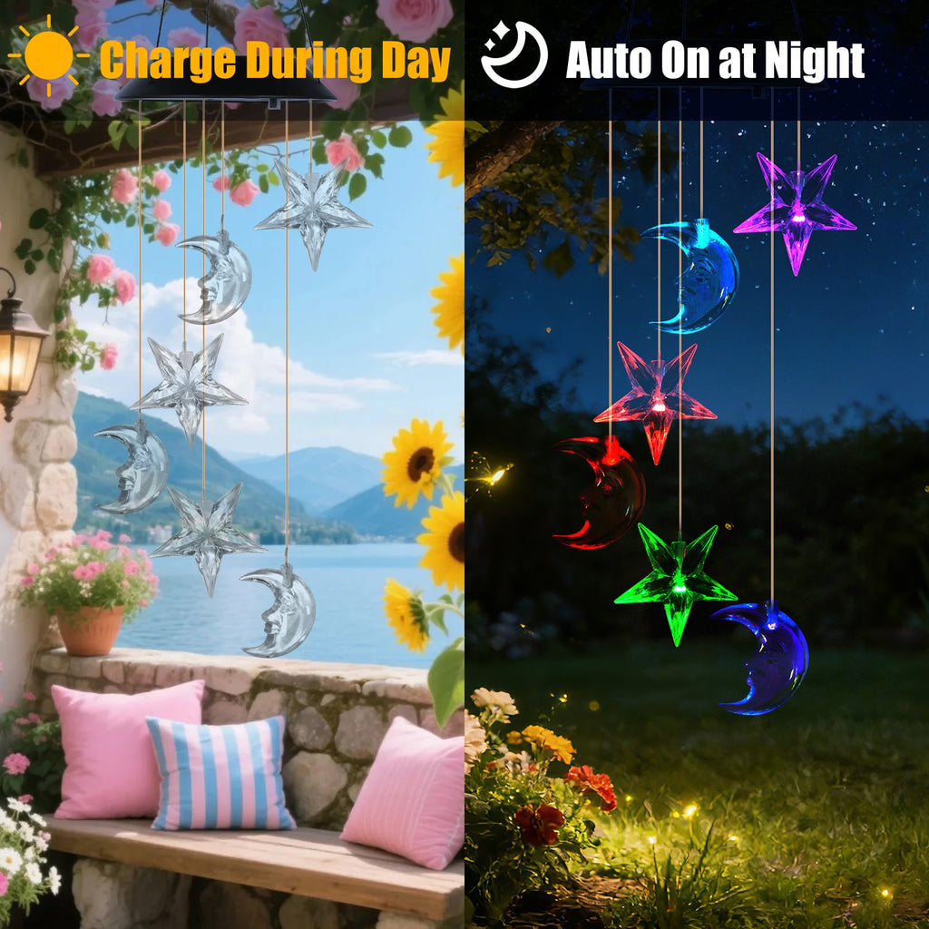 1Pcs Solar Moon And Star Wind Chime 7 Color Changing Wind Chime For Outside - Image 5