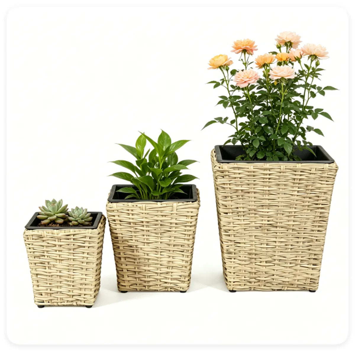 3 Piece Nested Rattan Planter Set UV Resistant PP Wicker Plant Boxes with - Image 4