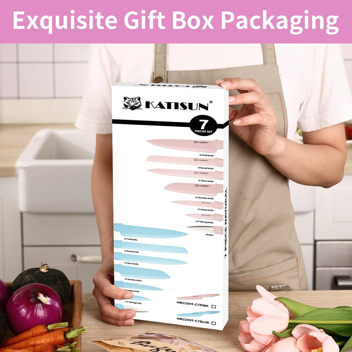 Kitchen Knife Set With Guards 13 Piece Pink Non Stick Boxed Knives Set - Image 5
