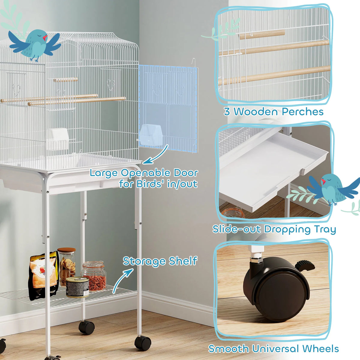 49" Rolling Bird Cage Cockatoo House Play Top Finch Pet Supply with Storage