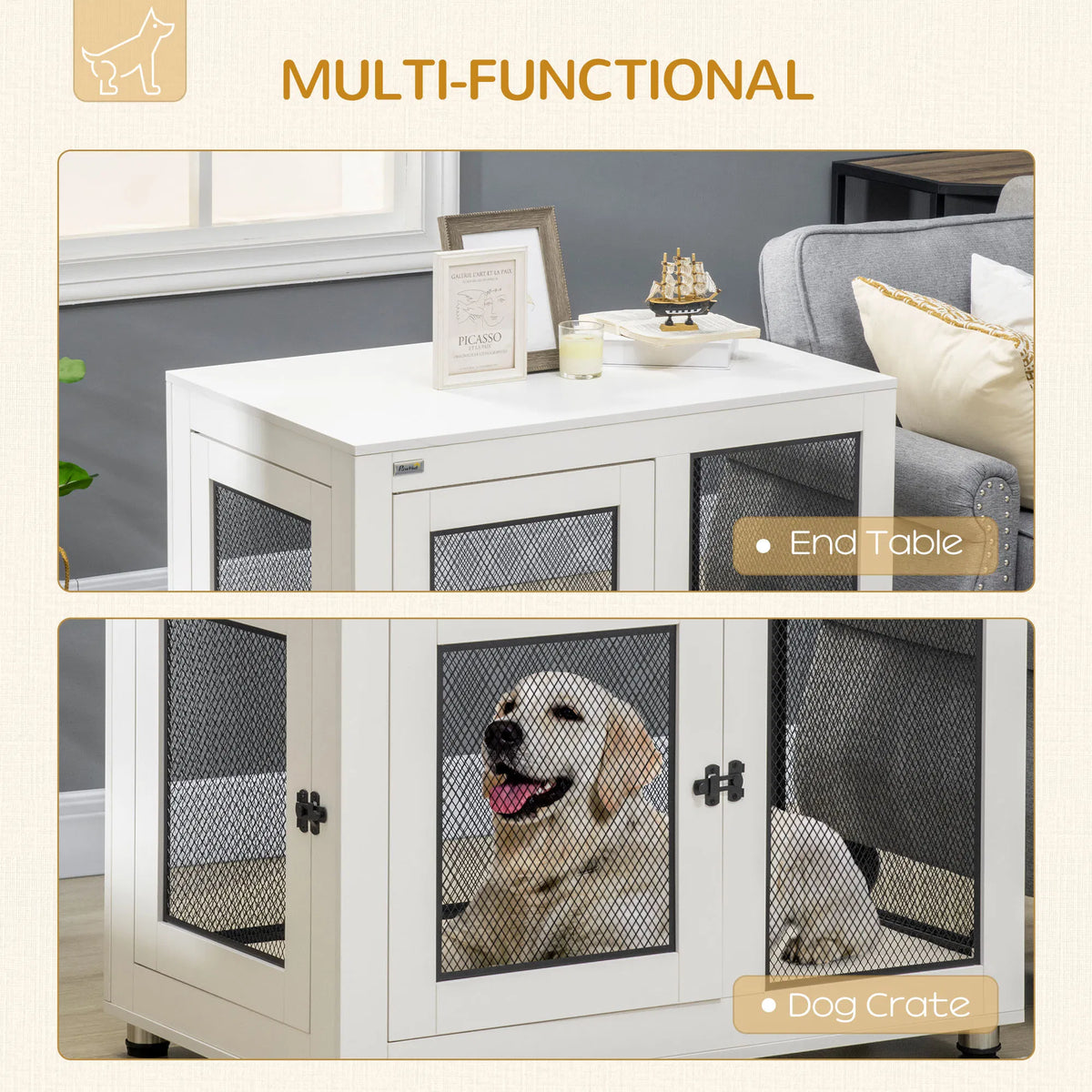 Pet Crate End Table with Water resistant Cushion or Large Medium Dogs White - Image 4
