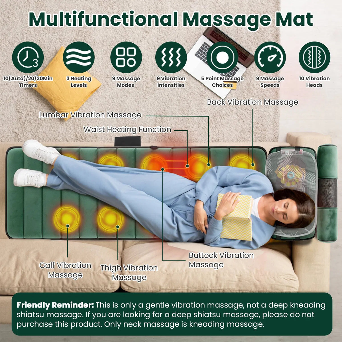 Full Body Massage Pad with Separable Shiatsu Neck & Foot Massagers Adjustable - Image 3
