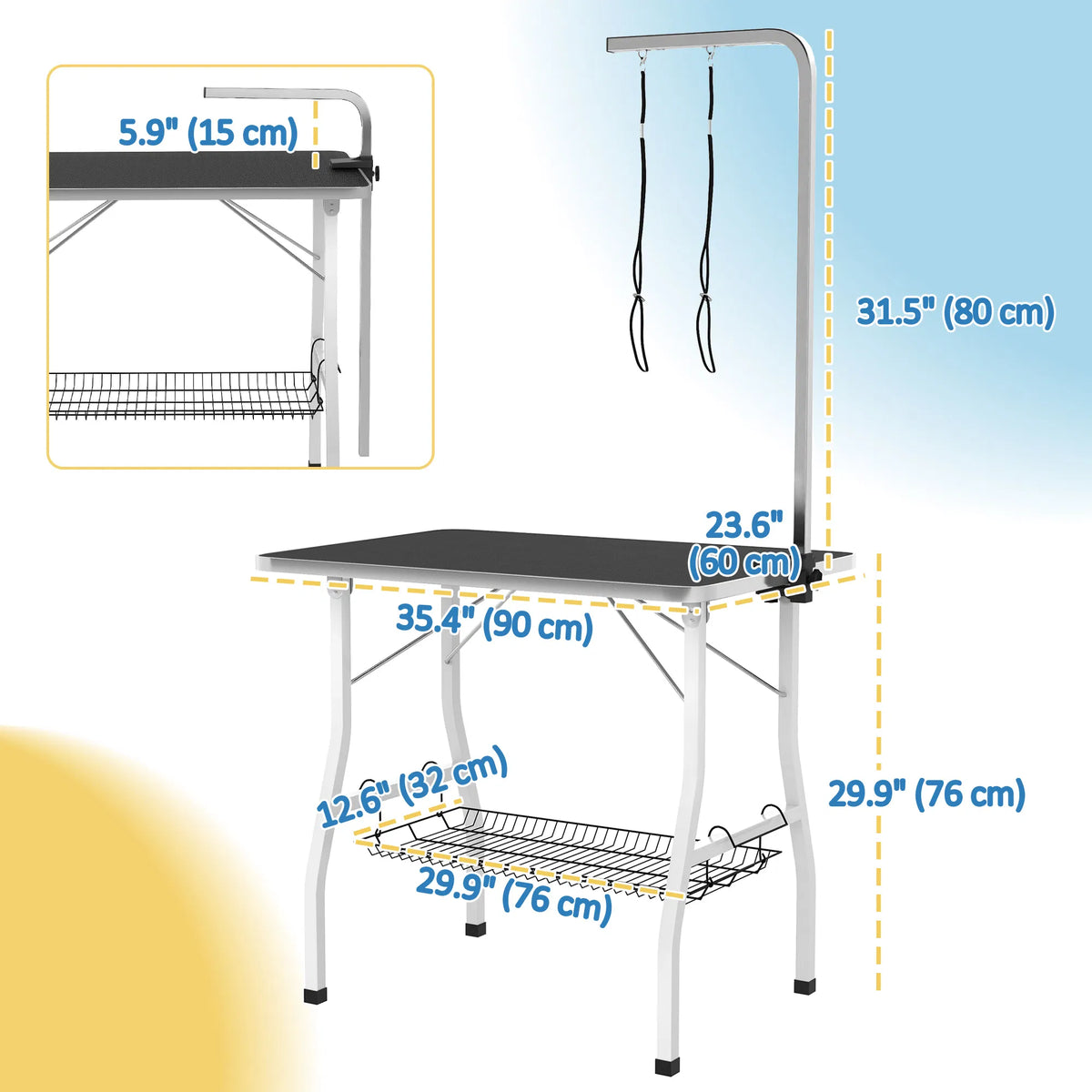 Dog Grooming Table w/ Adjustable Arm Mesh Tray Two Nooses Rubber Surface