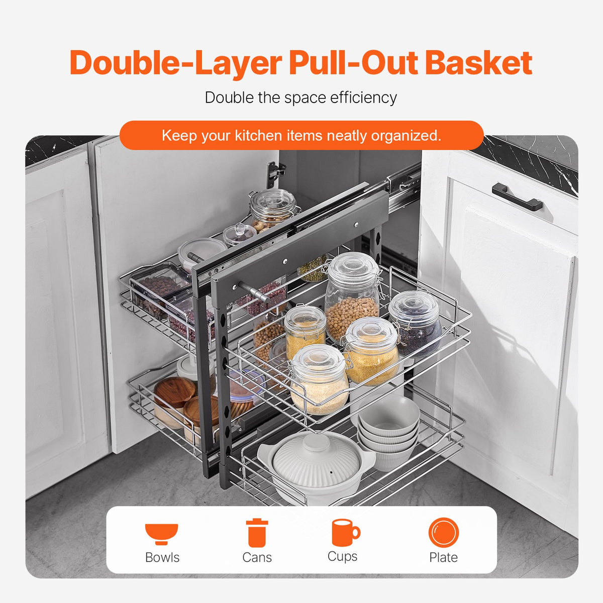 2 Tier Blind Corner Pull Out Organizer Chrome Kitchen Cabinet Shelf - Angle and Detail View