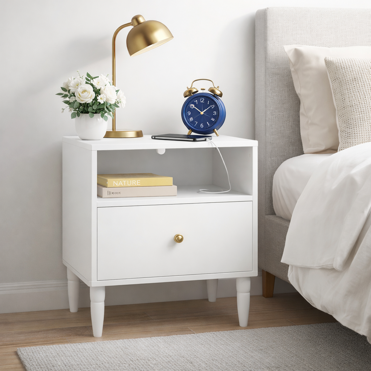 White Nightstand with Drawer, Open Shelf and Gold Knob