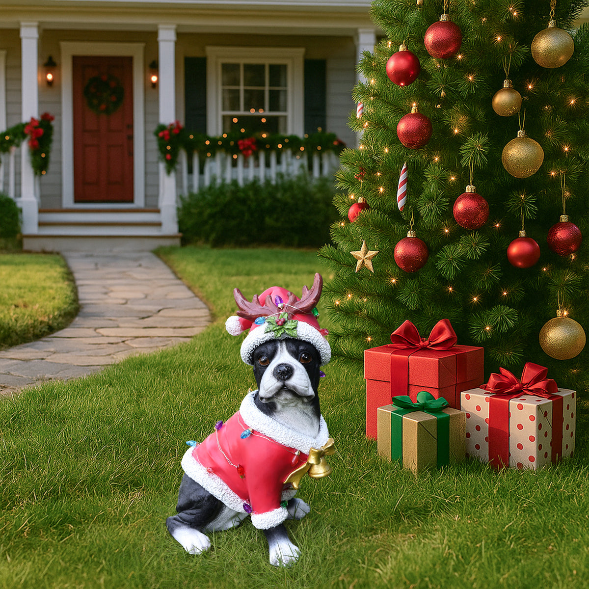 Christmas Boston Terrier Statue Holiday Dog Figurine in Santa Outfit - Image 5
