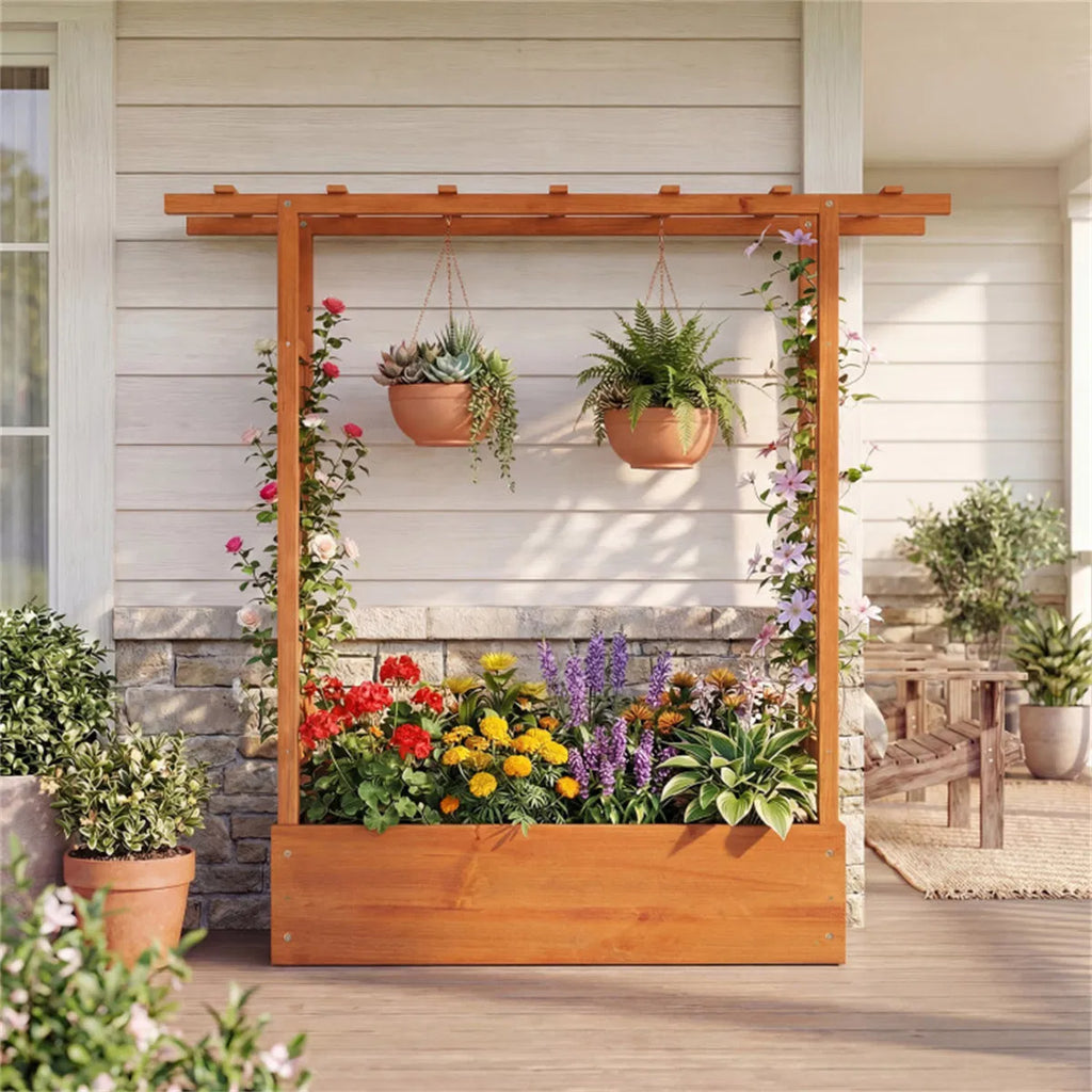 Fir Wood Raised Garden Bed with Side Trellis 109.22×35.56×114.30 cm Planter