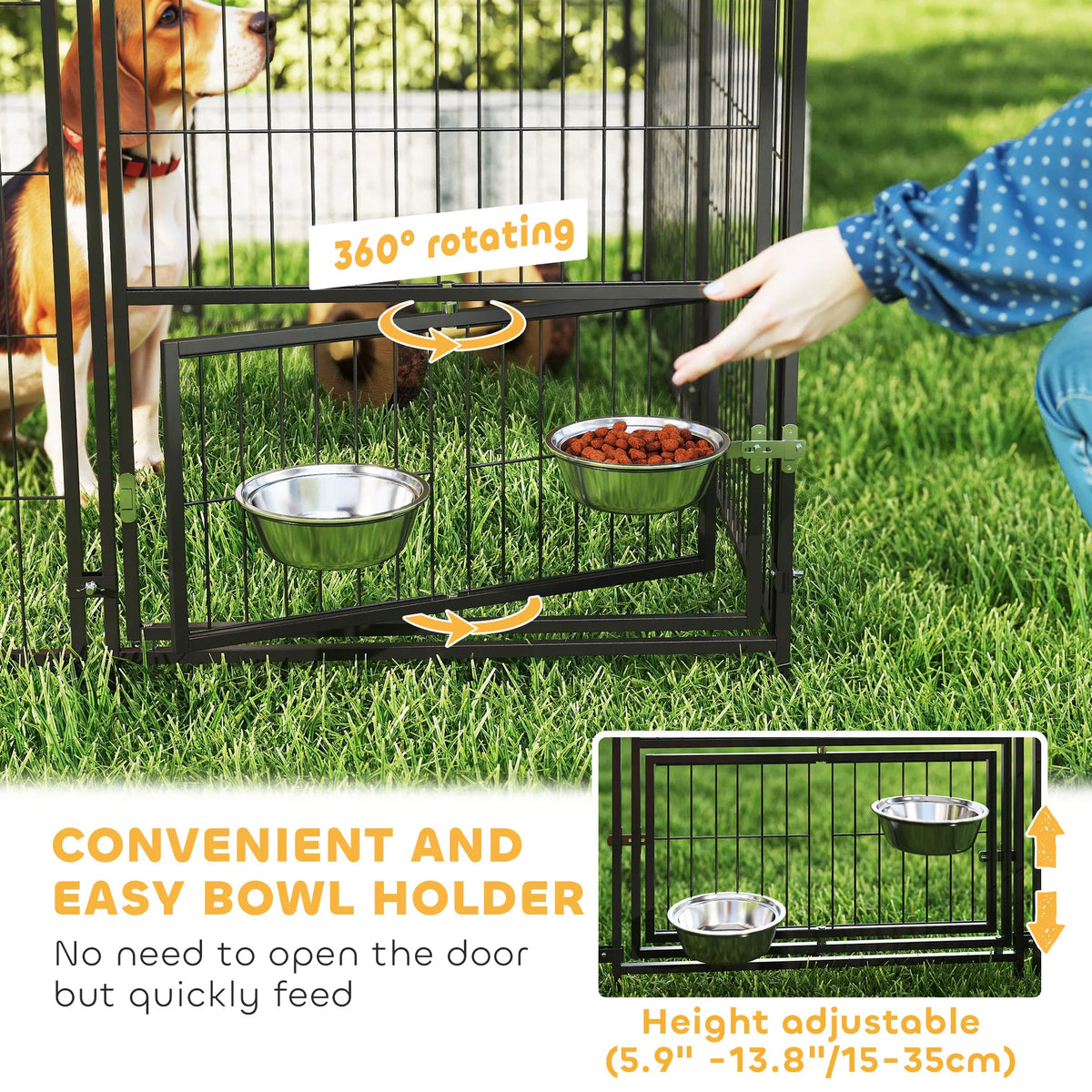 Outdoor Dog Kennel with Rotating and Adjustable Height Bowls Waterproof