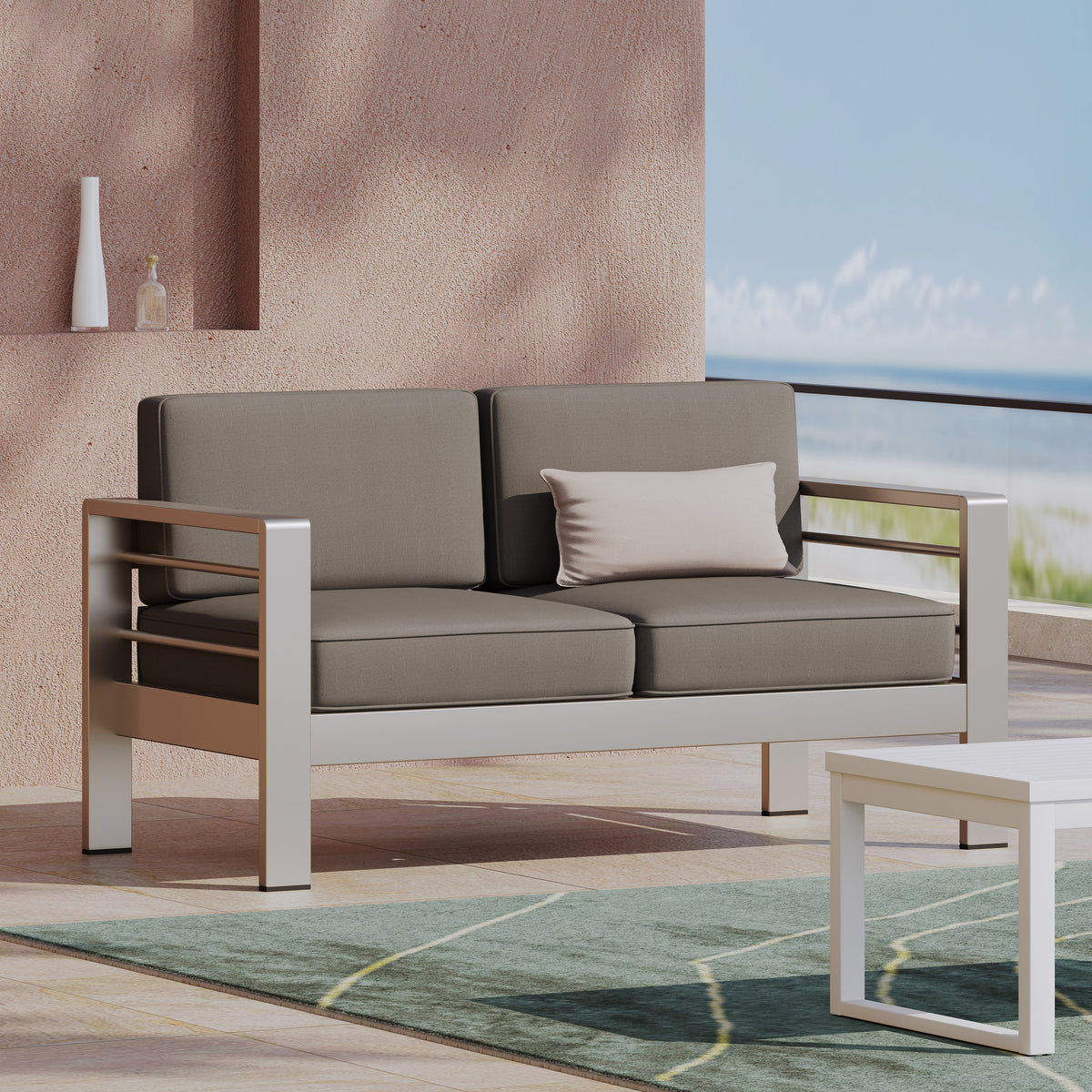 Aluminum Outdoor Patio Loveseat with Cushioned Seating
