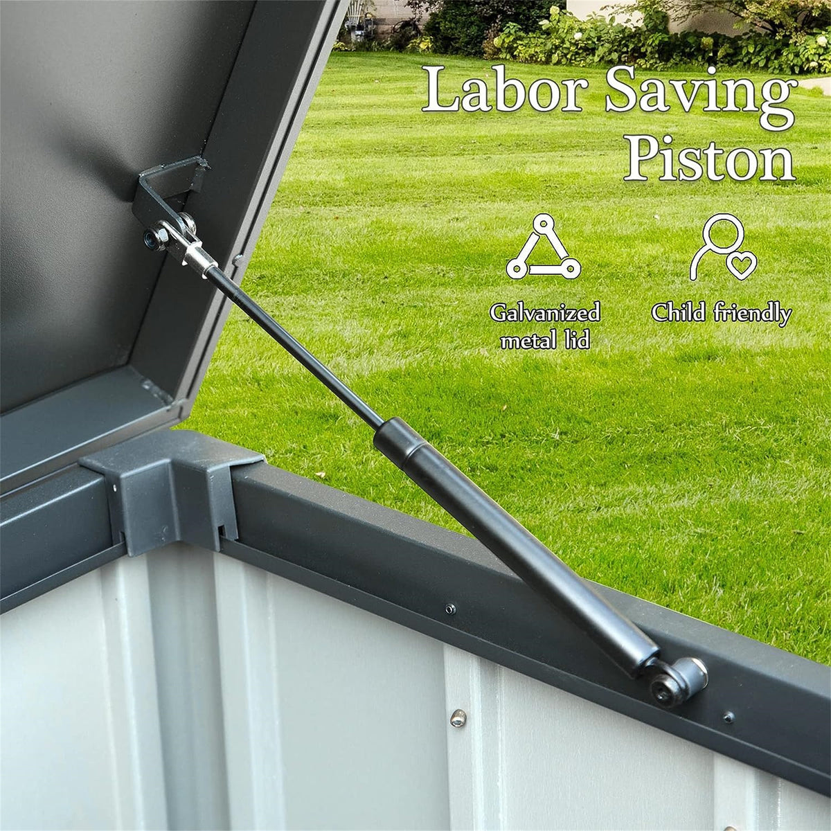 150-gallon all weather resin outdoor deck storage box with hydraulic struts in dark gray - angle 4 detail