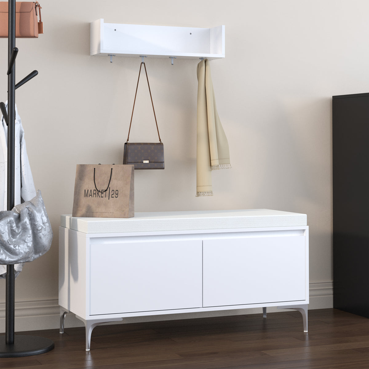 White Entryway Shelf And Shoe Storage Bench