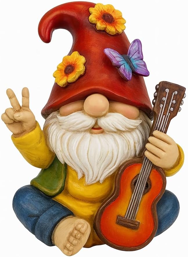 Red Peace Sign Garden Gnome Guitar Playing Resin Statue For Outdoor Lawn Decor - Image 2
