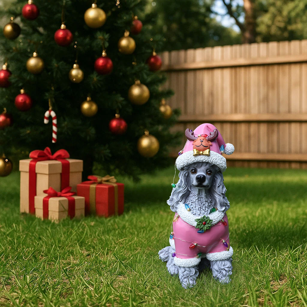 Christmas Poodle Statue Holiday Dog Figurine in Pink Santa Outfit - Image 2