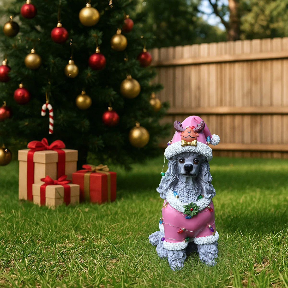 Christmas Poodle Statue Holiday Dog Figurine in Pink Santa Outfit - Image 2