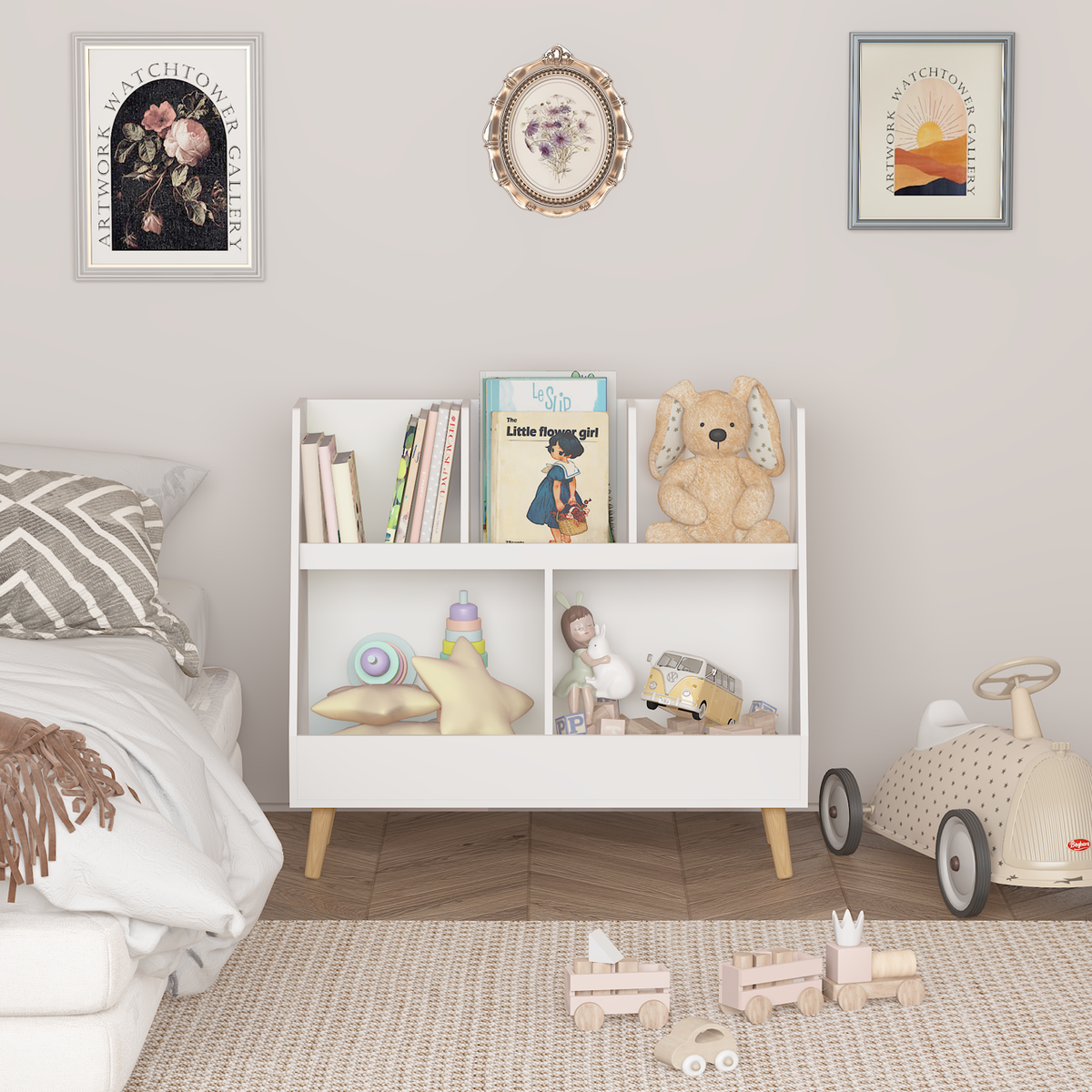 Kids Bookshelf And Toy Organizer 5 Cubbies Wooden Open Bookcase 2 Tier - Image 5