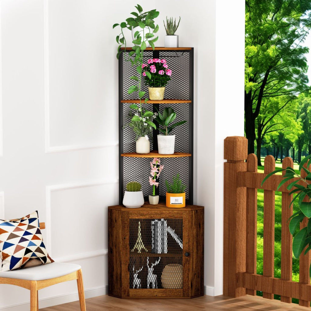 Corner Shelf With Doors 65 Cabinet Shelves Wine Glass Rack 6 Tier Bookshelf - Image 10