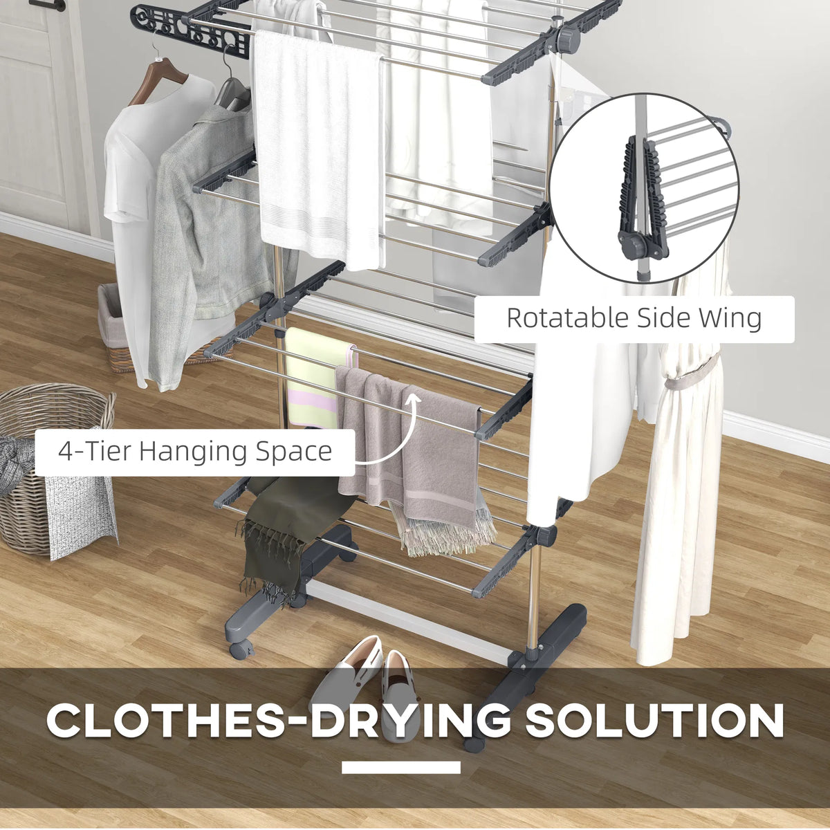 Garment Drying Rack Stainless Steel Folding Clothes Hanging Rack with Side - Image 4