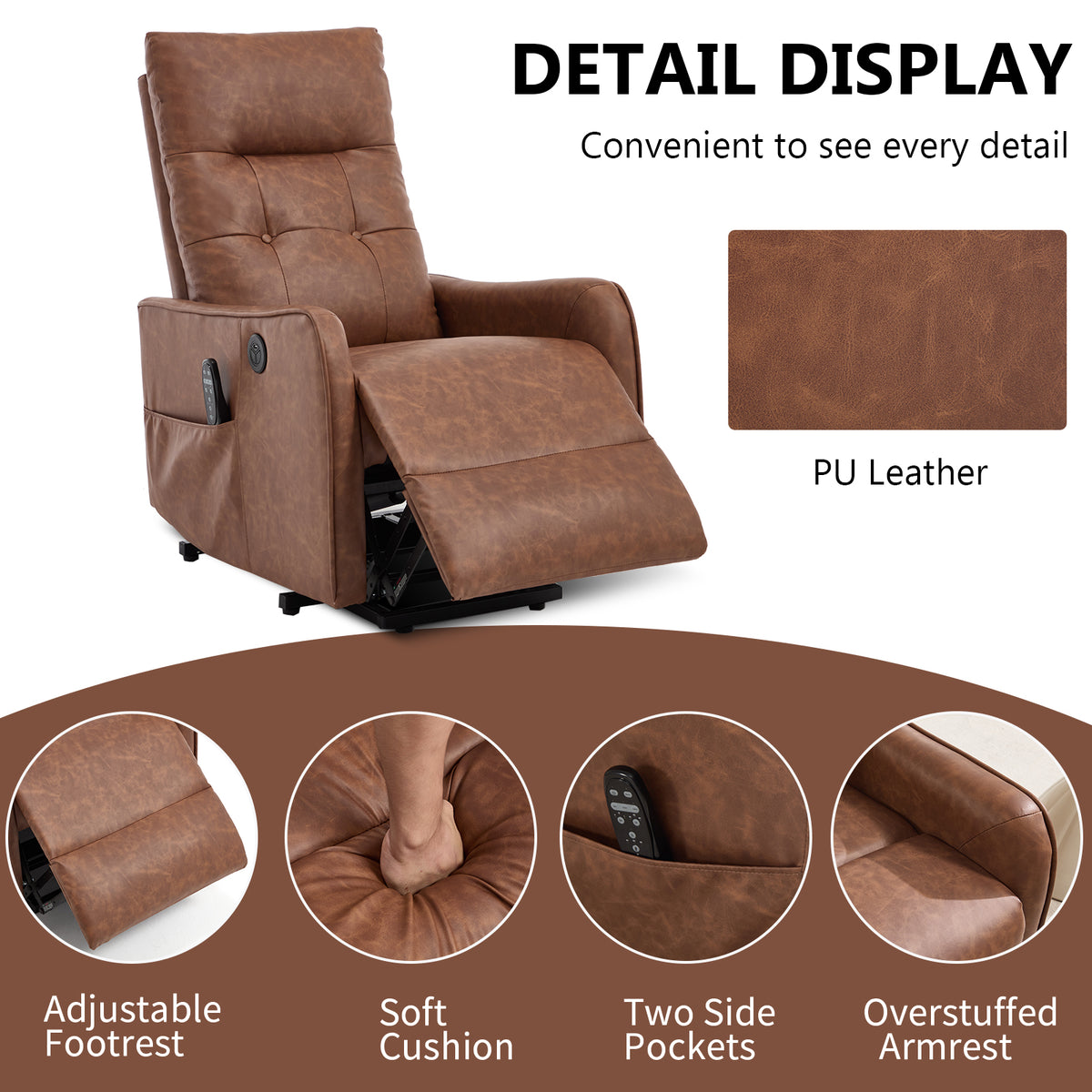 Brown PU Single Motor Power Lift Recliner Chair with Massage and Heat for - Image 5