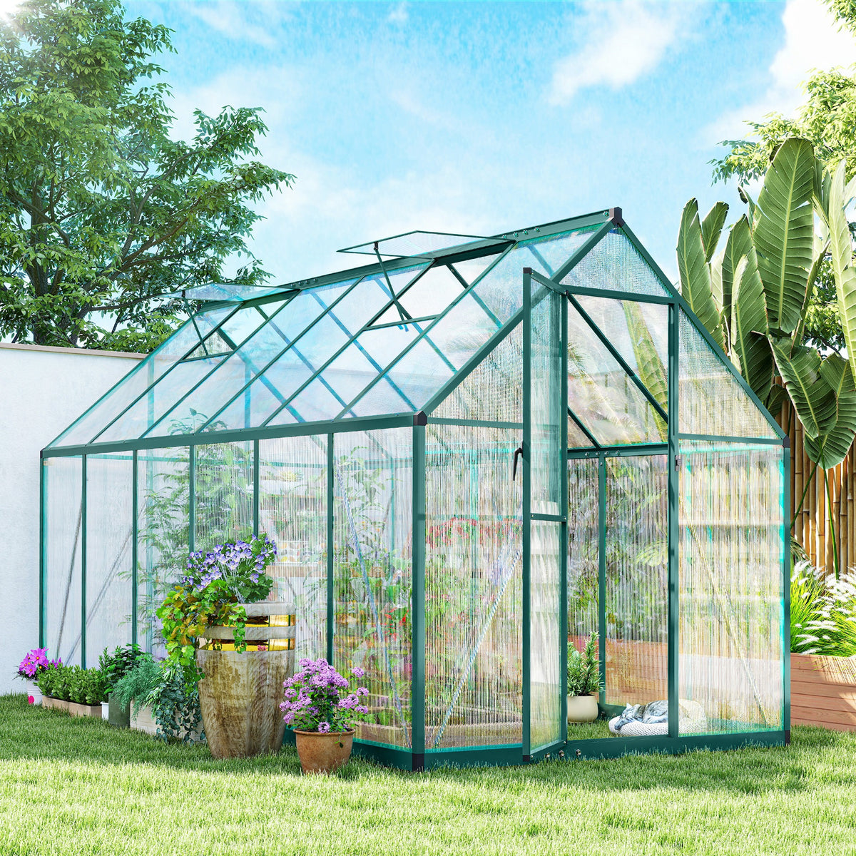8x10ft walk in polycarbonate greenhouse main view
