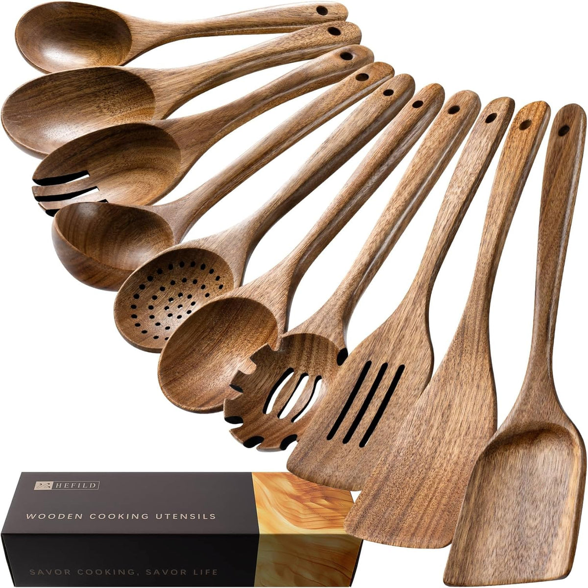 10 Pack Wooden Cooking Spoons Acacia Wood Kitchen Utensil Set Durable Wooden - Image 5