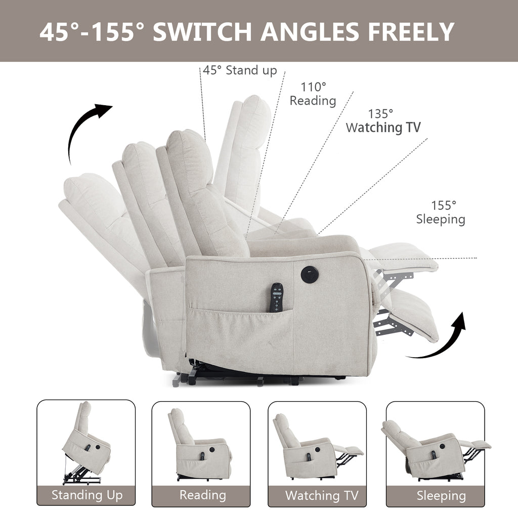 Beige Chenille Single Motor Power Lift Recliner Chair with Massage and Heat for - Image 3