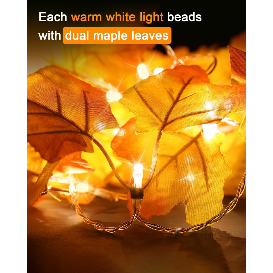 2 Pack Lighted Fall Garland 16.4ft Total 40 LED Autumn Maple Leaf String - Image 2