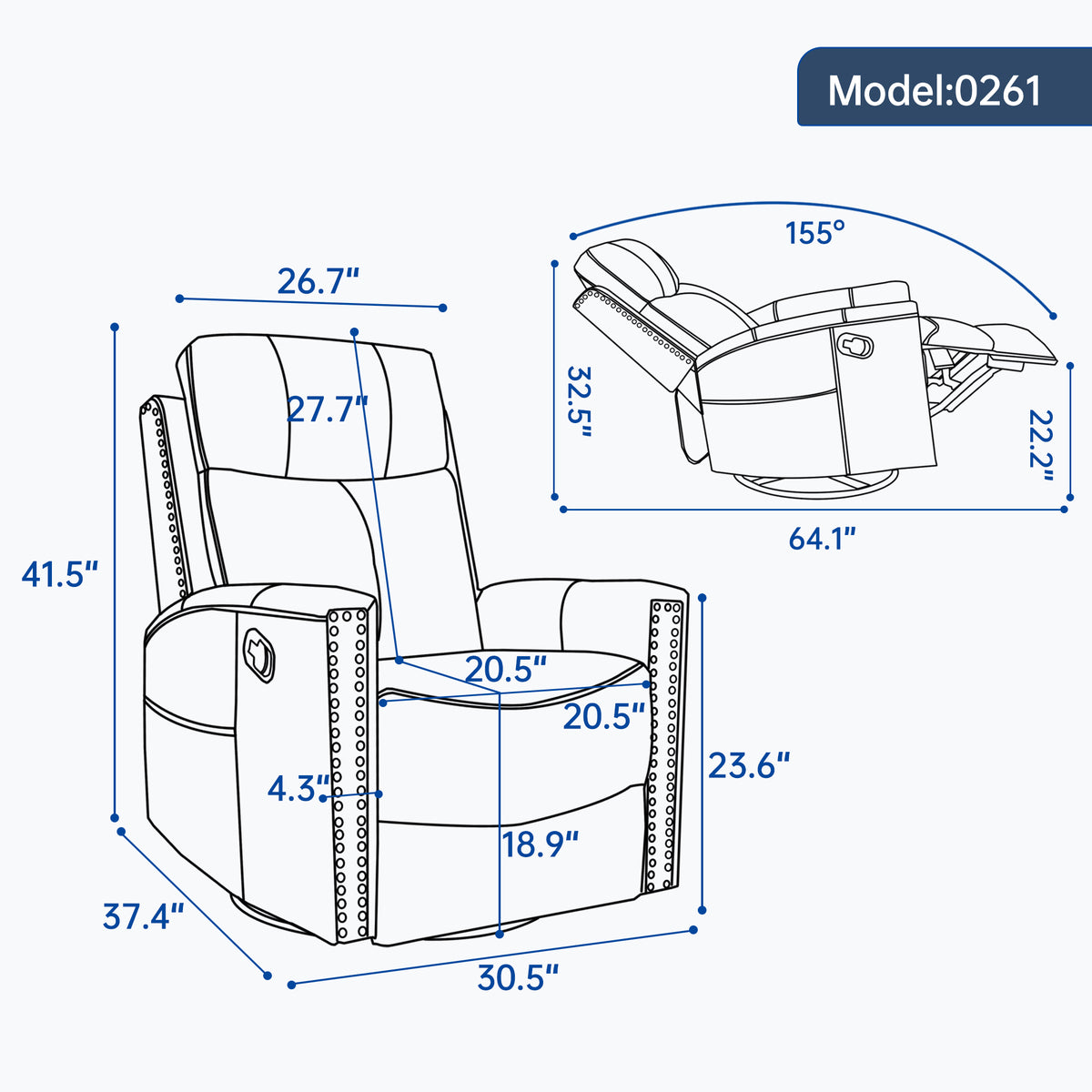 Blue Genuine Leather Heat Massage Manual Recliner Chair with Rocker and Swivel
