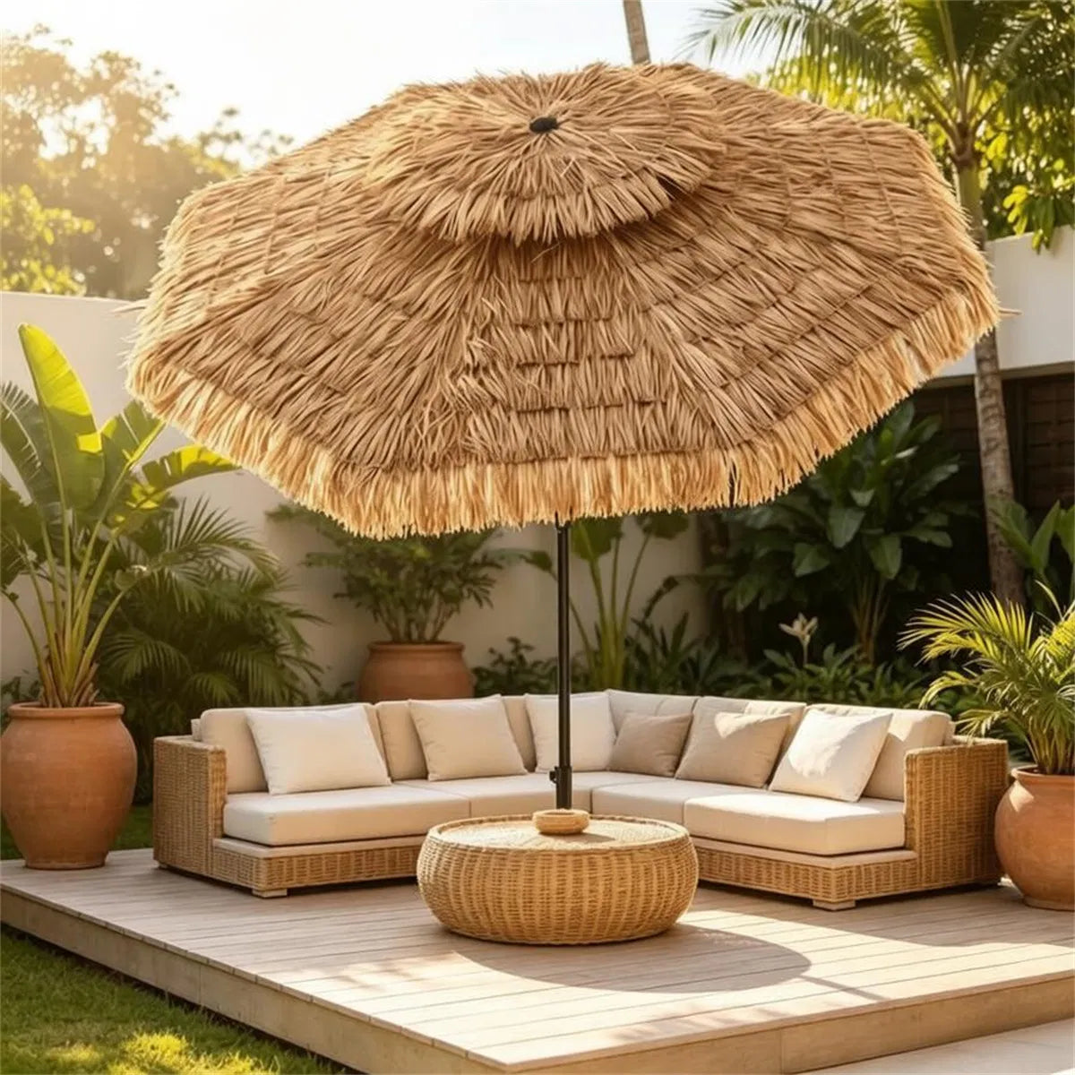 10ft Double Tier Hawaiian Tiki Patio Umbrella with Push Button 30 Tilt & Crank - Image 4