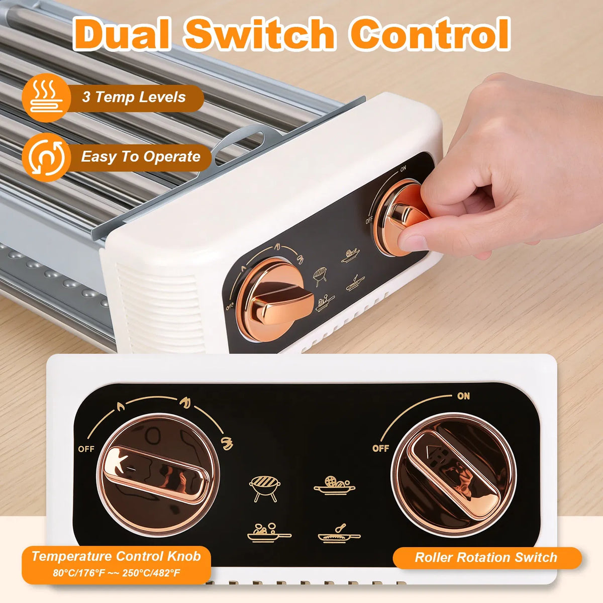 3 In 1 Electric Hot Dog Roller Machine with Grill & Griddle 6 Roller Hot Dog - Image 2