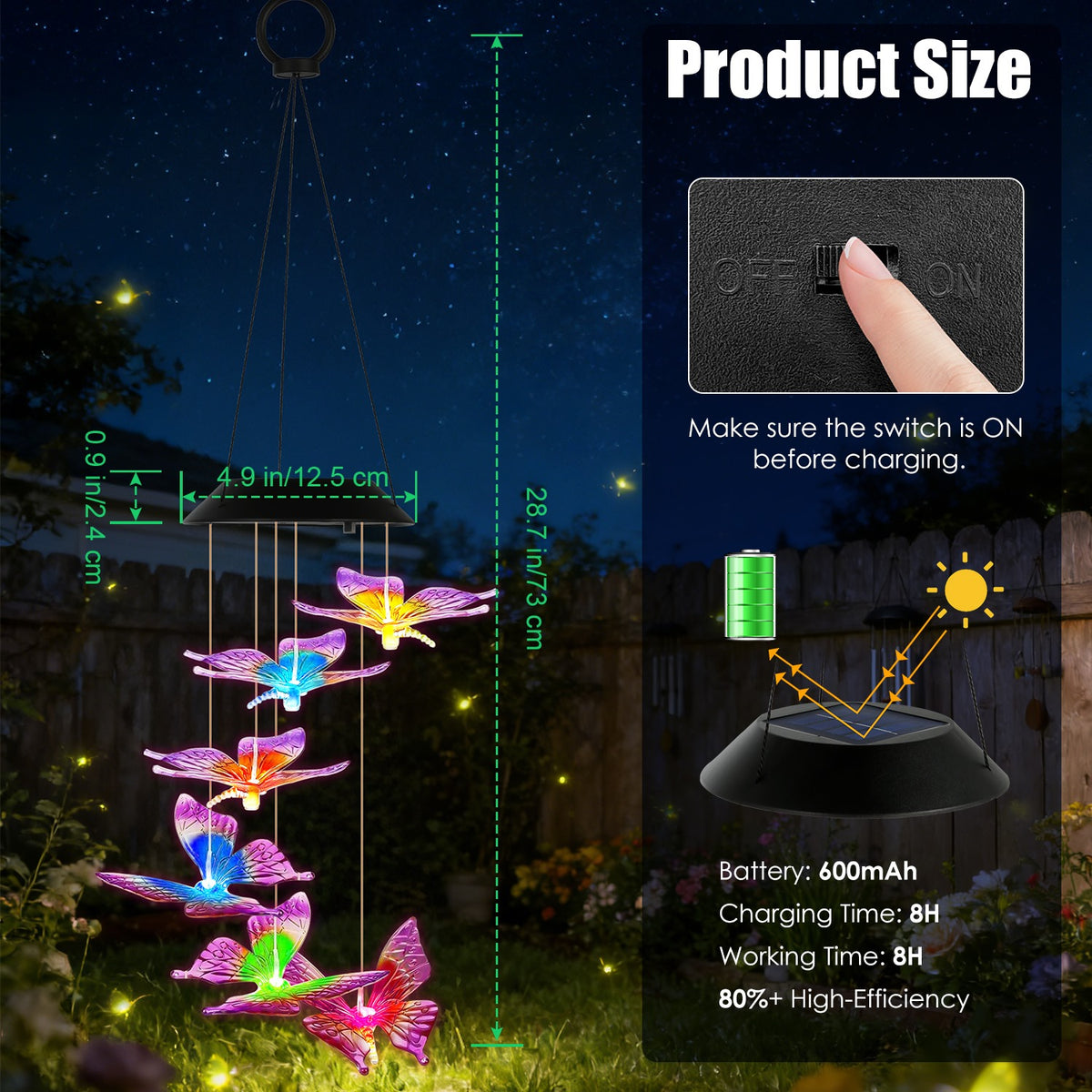 1Pc 2Pcs Quantity Options Solar Butterfly Wind Chime 7 Color Changing Wind - Image 3