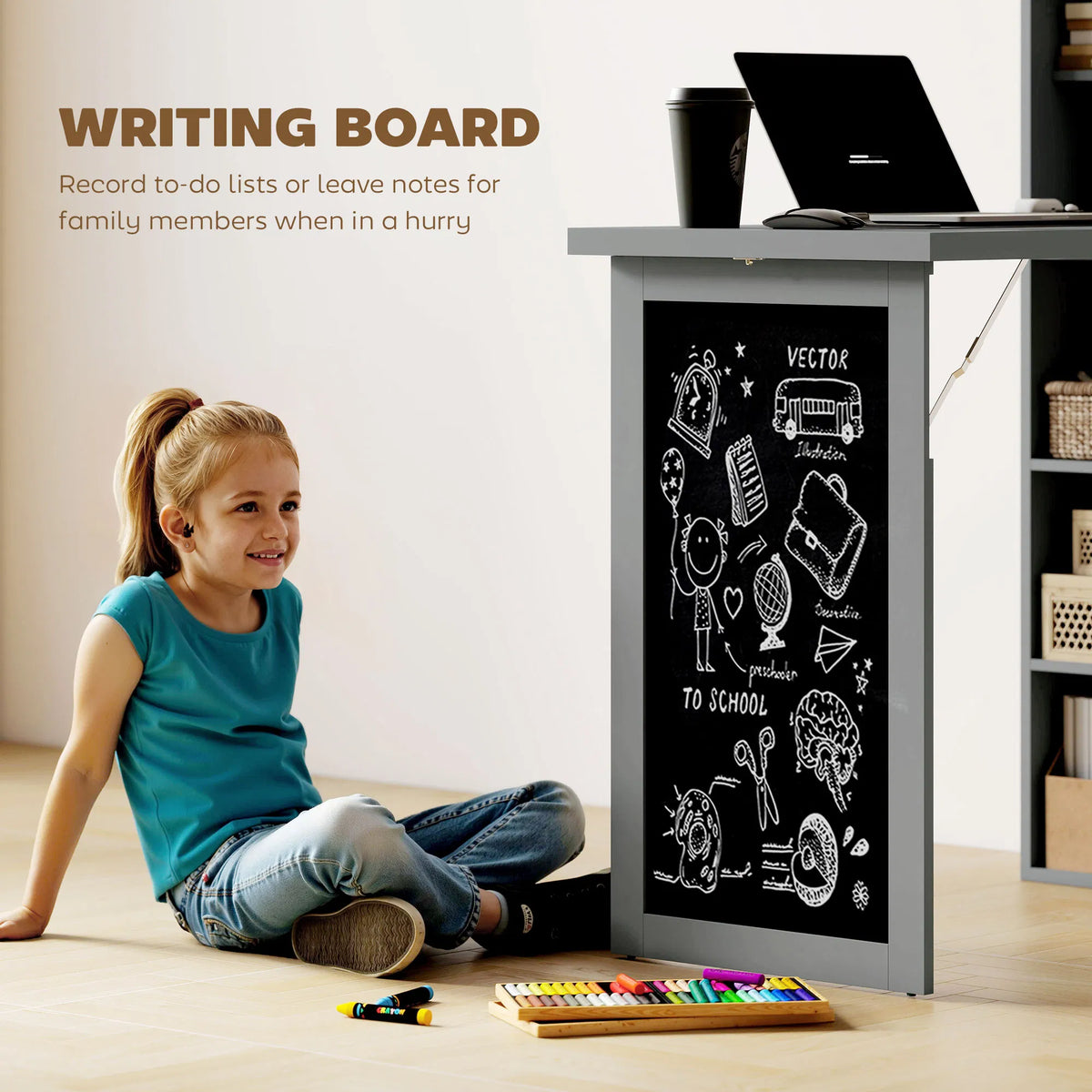 Fold out Convertible Office Desk Wall Mount Computer Desk with Blackboard and - Image 5