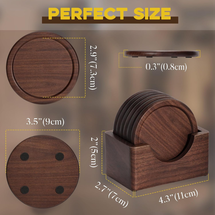 6 Piece Wooden Coaster Set With Holder Natural Wood Drink Coasters For Coffee
