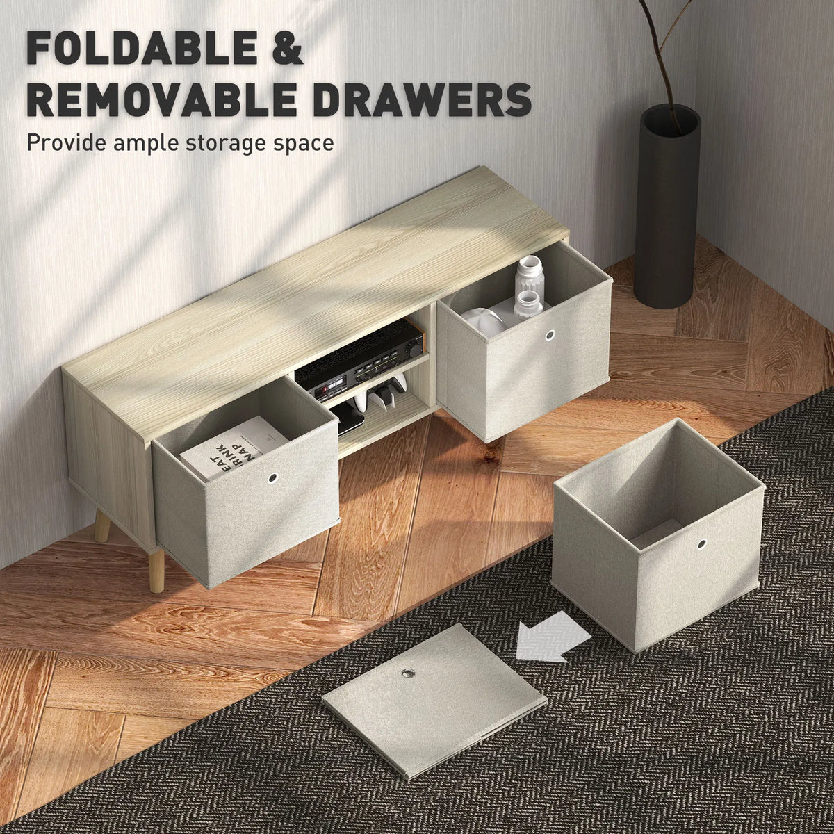 Modern TV Stand Cabinet with Foldable Drawers and Shelves for Living Room - Image 3