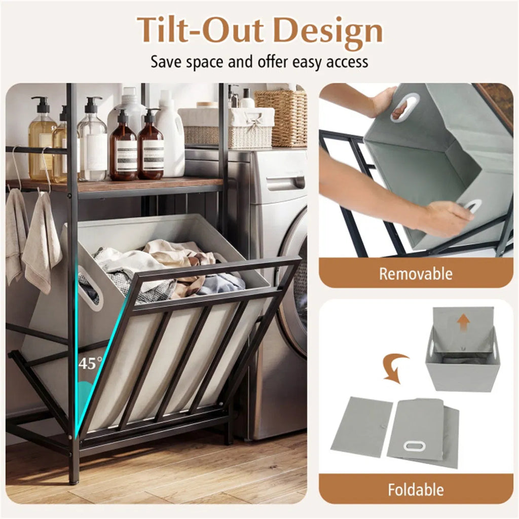 Black Rustic Brown Tilt Out Laundry Hamper Metal Engineered Wood With Shelves - Image 7