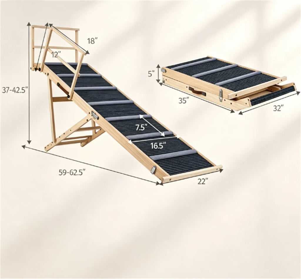 6 Level Adjustable Foldable Pet Ramp Solid Pine Wood Non Slip Dog Stairs with - Image 5