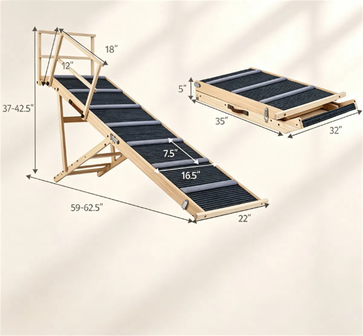6 Level Adjustable Foldable Pet Ramp Solid Pine Wood Non Slip Dog Stairs with - Image 5